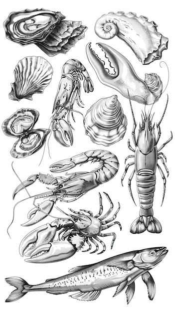 Seafood vector illustrations Hand drawn line sea fishes oysters lobster squid octopus crabs