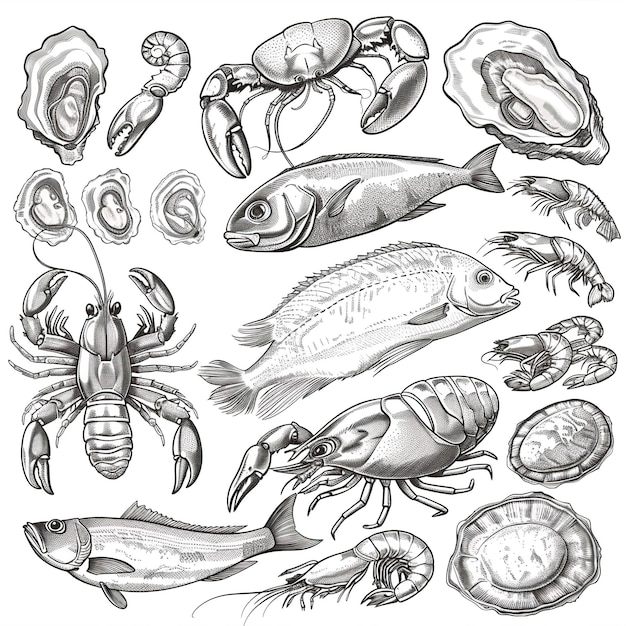 Seafood vector illustrations Hand drawn line sea fishes oysters lobster squid octopus crabs