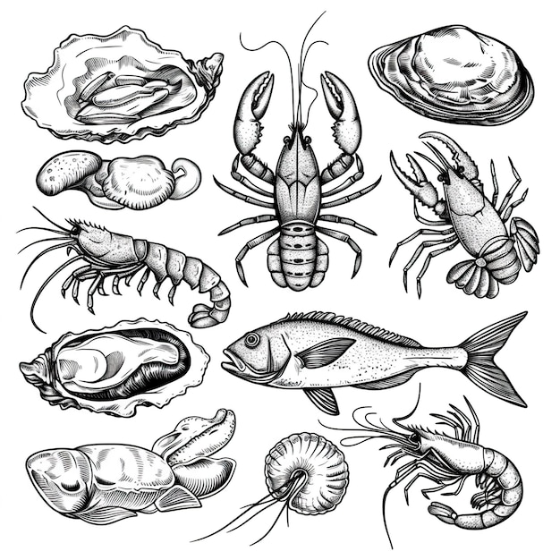 Seafood vector illustrations Hand drawn line sea fishes oysters lobster squid octopus crabs