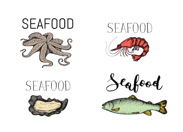 Seafood vintage hand drawn icon set