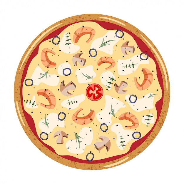 Seafood whole Pizza top view with different ingredients