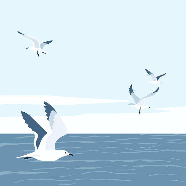 Vector seagulls flying over ocean 4