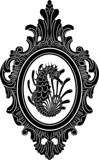 seahorse fish black line design with floral frame handmade silhouette model 75