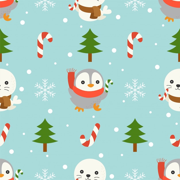 Seal and penguin, christmas seamless pattern theme, for use as wallpaper and wrapping pape