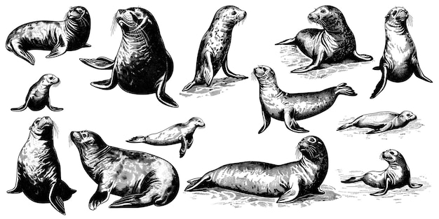 Vector seal set illustration ink sketch sea lion background arctic art