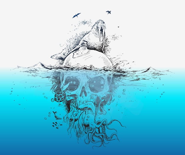 Seal with Underwater skulls   Pirate Design poster vector Illustration