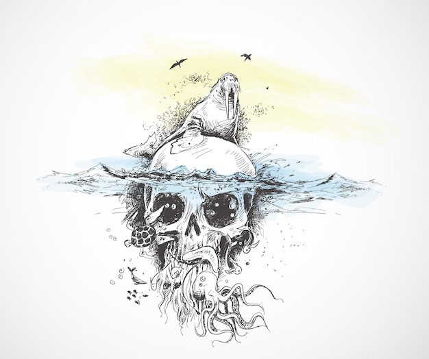 Seal with Underwater skulls   Pirate Design poster vector Illustration