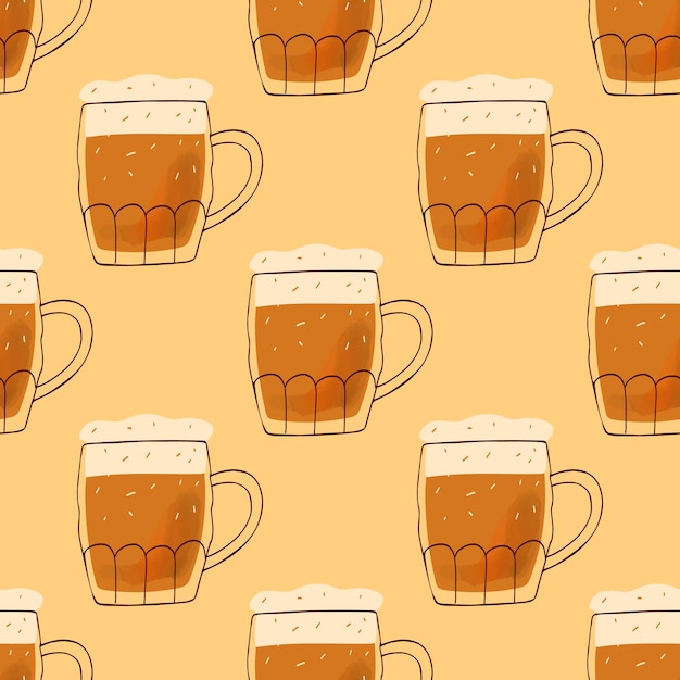 Vector seamles pattern with stylized illustration mugs of beer on yellow background