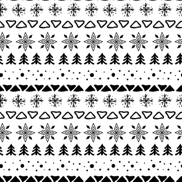 Seamless abstract pattern with snowflakes fir tree snowballs triangles and scandinavian motifs