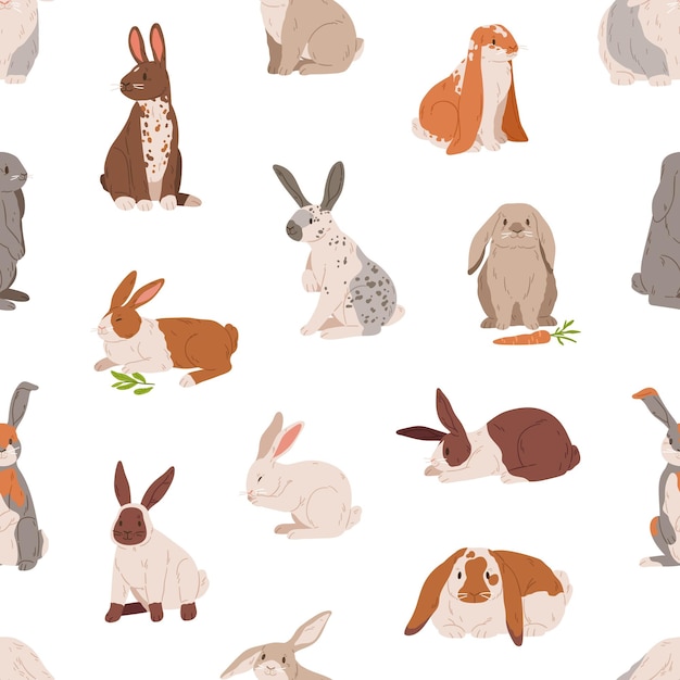 Seamless animal pattern with different cute rabbits and hares on white background. Endless repeatable texture with realistic adorable sweet bunnies. Colored flat vector illustration for printing.