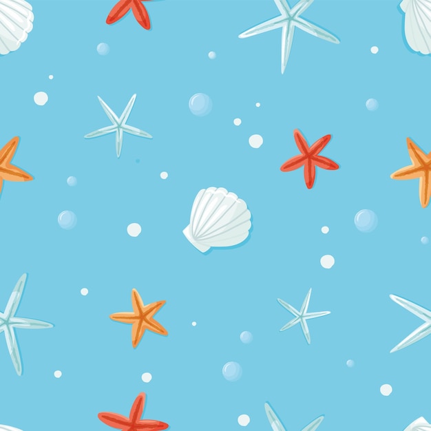 Seamless aquatic pattern with underwater elements starfish and seashells Fashion print design