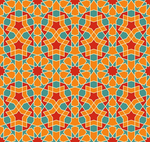 Seamless arabic geometric ornament in blue orange red colors