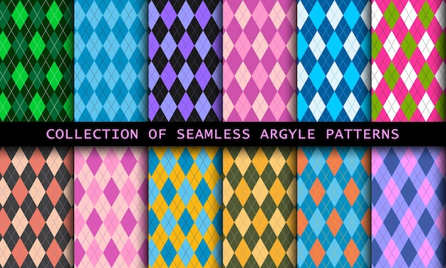 Seamless argyle pattern diamond shapes background vector colorful bright set