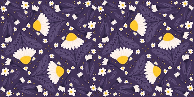 Vector seamless arrangement showcasing a midnight violet colored daisy pattern