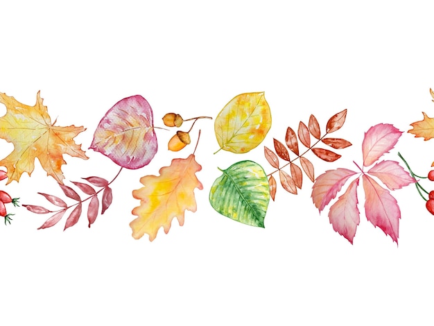 Seamless autumn border with watercolor leaves