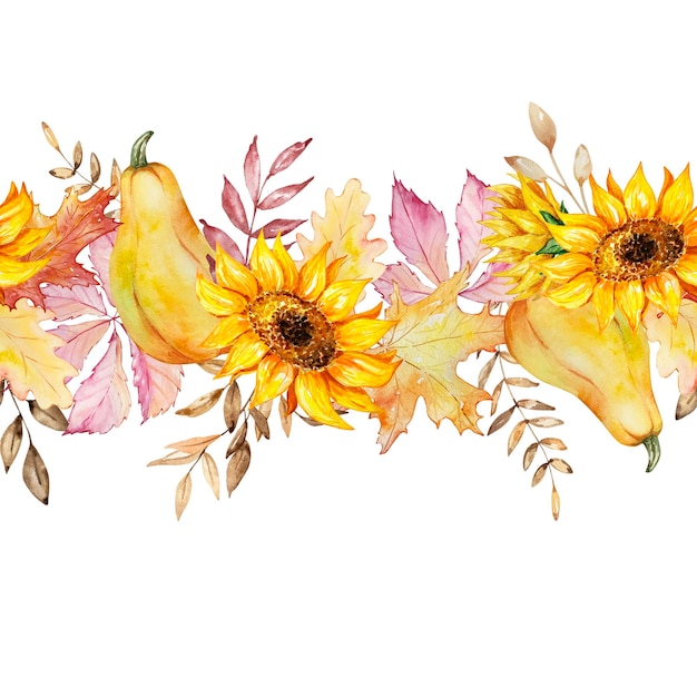 Seamless autumn border with watercolor pumpkins leaves and sunflowers