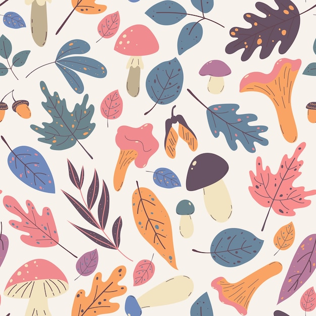 Seamless autumn pattern of different leaves and mushrooms on a white background