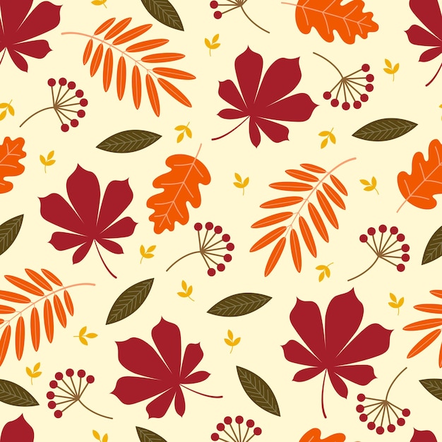 Seamless autumn pattern of leaves, berries and flowers. Vector flat illustration