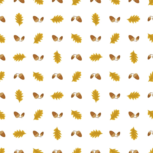 Seamless autumn pattern with acorn and leaves on white background Bright fall print for textile and design Vector flat ilustration