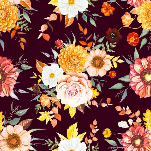 Seamless autumn pattern with beautiful watercolor bouquets of flowers