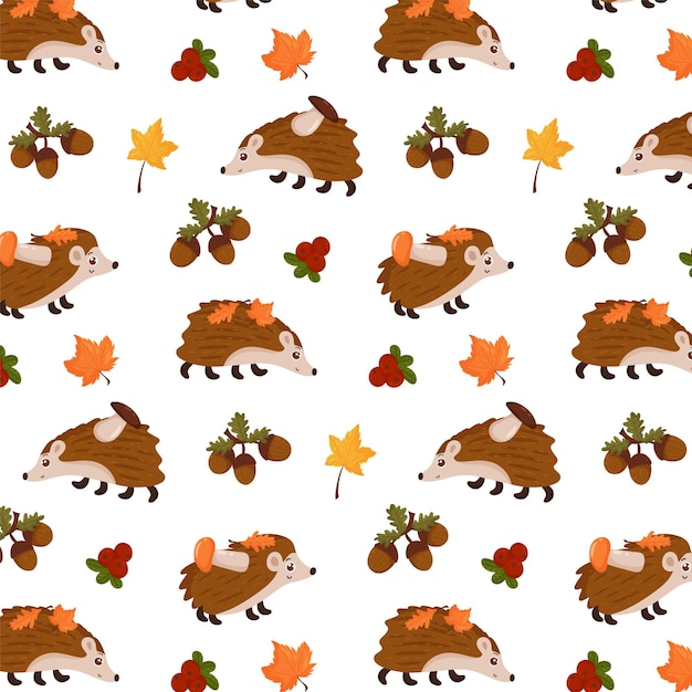 Seamless autumn pattern with leaves, hedgehog, mushrooms and lingonberries. Ideal for decorating children's rooms, textiles and fabrics. Vector, cartoon style.