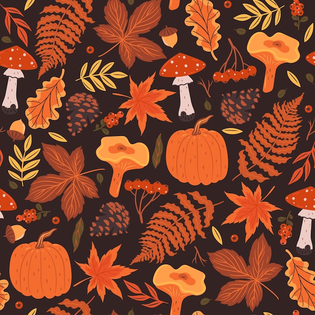 Seamless autumn pattern with leaves mushrooms berries Vector graphics