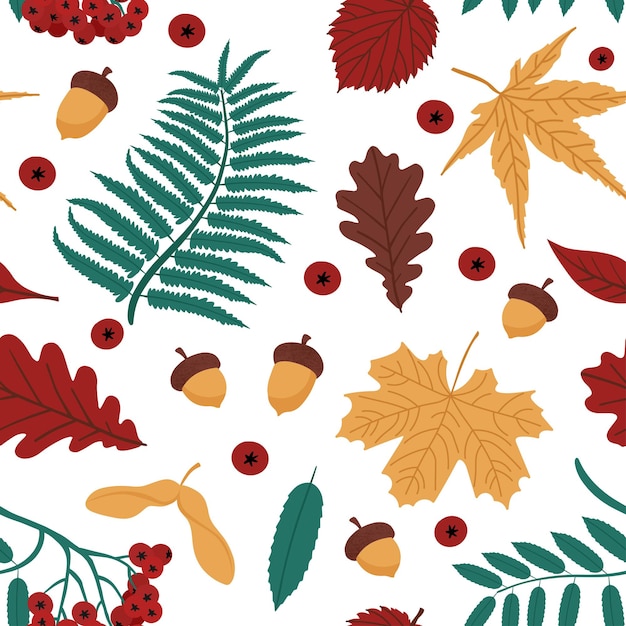 Seamless autumn pattern with leaves rowan berries and acorns Vector illustration