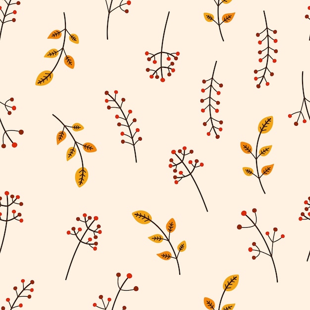 Seamless autumn pattern with leaves and seasonal berries. Vector cozy textile print. Botanical cute