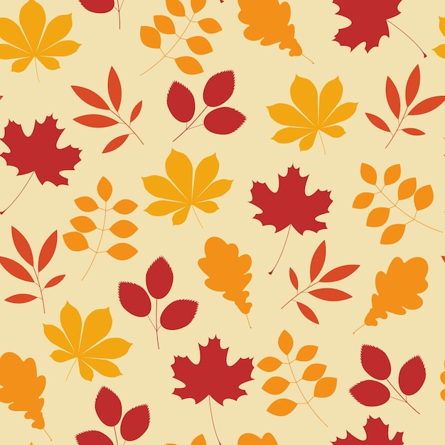 Seamless autumn pattern with oak maple chestnut leaves beige orange and red colors suitable for fabric pattern wallpaper gift paper cartoon vector illustration