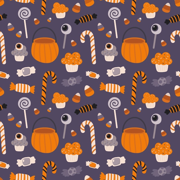 Seamless autumn pattern with pumpkin basket, cupcakes and candies on a violet background