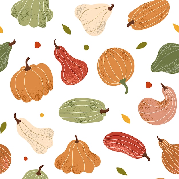 Seamless autumn pattern with pumpkins, squash, zucchini. A mosaic from the harvest for Halloween. Wh