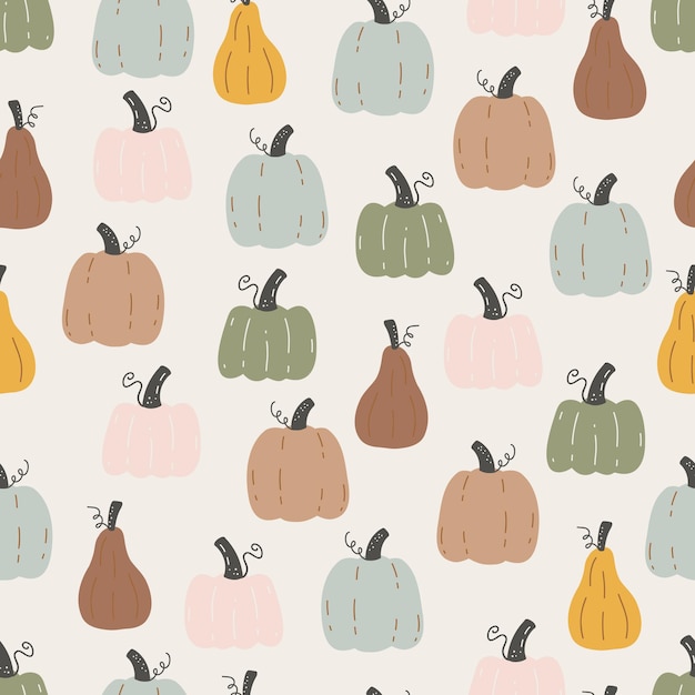 Seamless autumn pattern with pumpkins on white background Endless repeatable texture of autumnal harvest Colored handdrawn vector illustration of drawing for printing