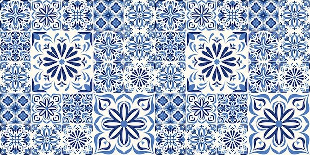 Vector seamless azulejo tile pattern with traditional portuguese and spanish ceramics in navy blue and whit