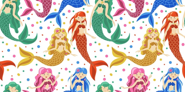 Seamless baby pattern with cute colored mermaids and dots Yellow orange green pink blue Magical