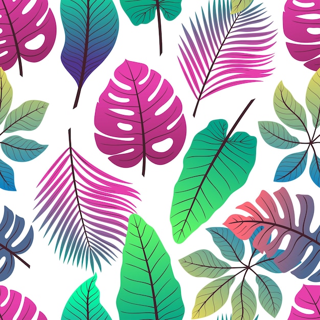 Seamless background of different colorful tropical leaves on white background