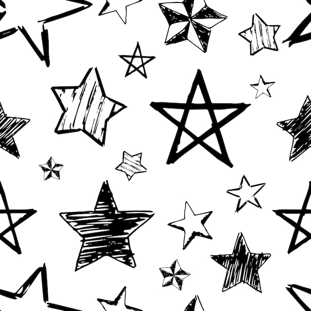 Seamless background of doodle stars. Black hand drawn stars on white background. Vector illustration