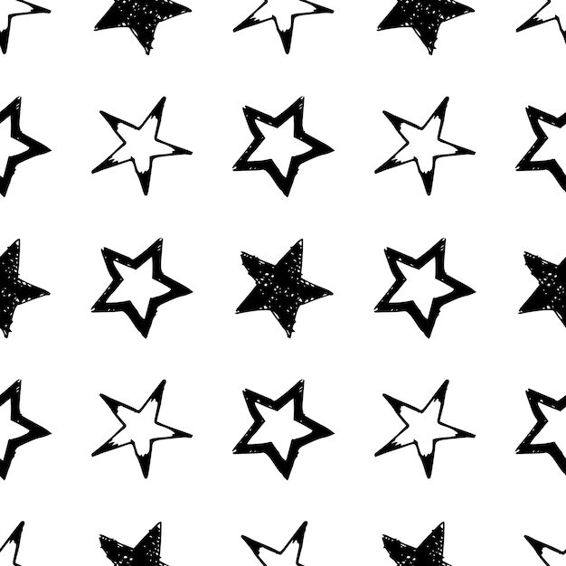 Seamless background of doodle stars. Black hand drawn stars on white background. Vector illustration