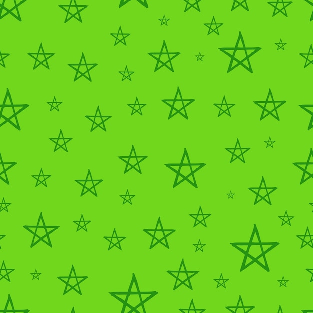 Seamless background of doodle stars Green hand drawn stars on green background