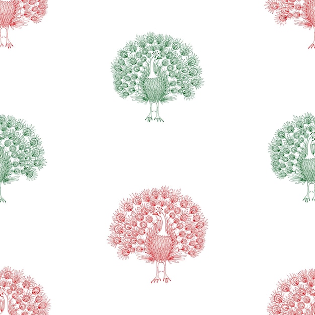 Seamless background of drawn red and green decorative peacocks