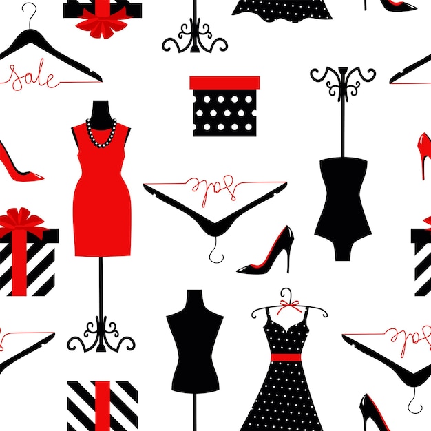 Seamless background of a dress on a mannequin shoes and gift wrapping mannequin with fashion women