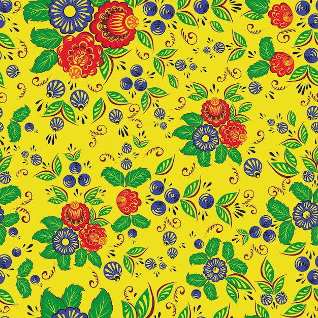 Seamless background folk art.Red and blue flowers with green leaves.Yellow background.Vector