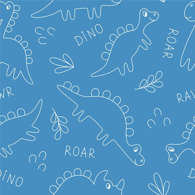 Seamless background from dinosaurs on blue background. Outline hand drawn dinosaurs. Ideal for fabric, packaging, wallpaper, textiles, home decor.