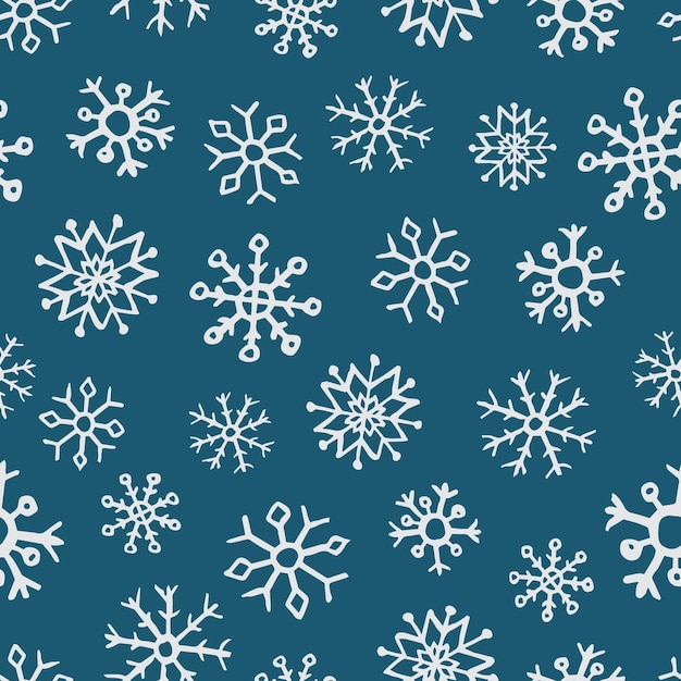 Seamless background of hand drawn snowflakes. White snowflakes on blue background. Christmas and New Year decoration elements. Vector illustration.