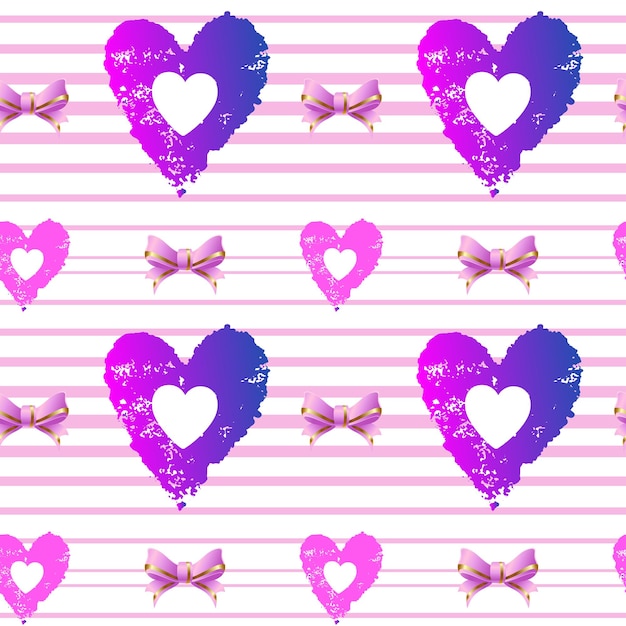 Seamless background. hearts and pink ribbons on a striped background. vector illustration