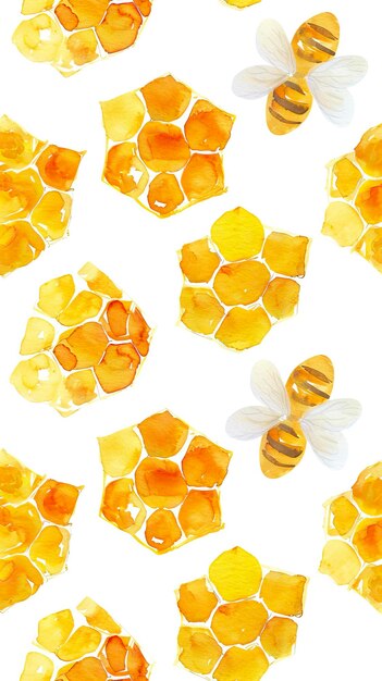 Vector seamless background honeycomb border yellow honeycomb watercolor hand drawing isolated on white back