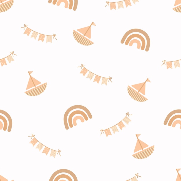 Seamless background Orange baby shower patterns Cute print with boath rainbow and triangular flags