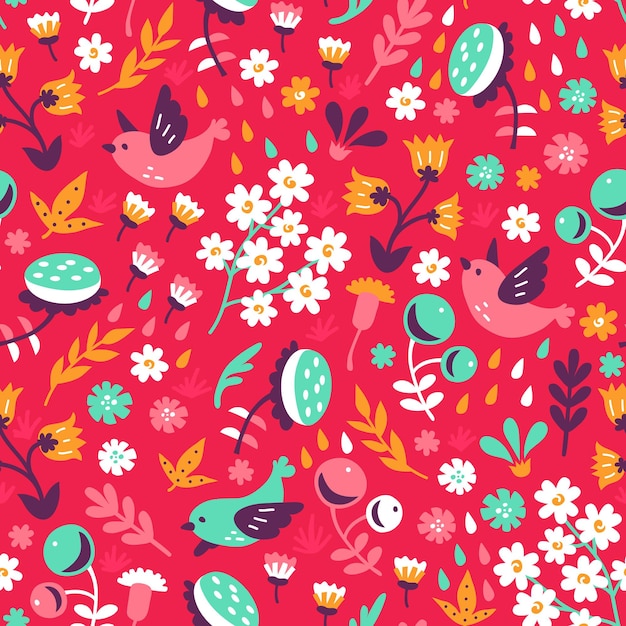 Seamless background pattern with birds and flowers