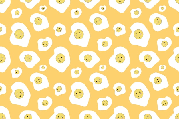 Seamless background pattern with fried egg cartoon characters on yellow background