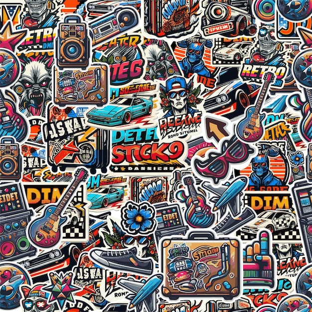 Seamless background of retro style stickers graffiti road stickers On a pure white background