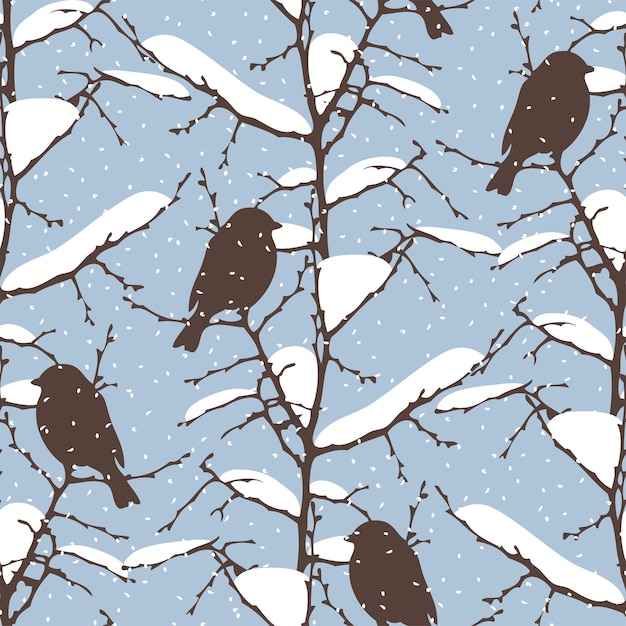 Seamless background of silhouettes birds on tree branches on snowy winter day